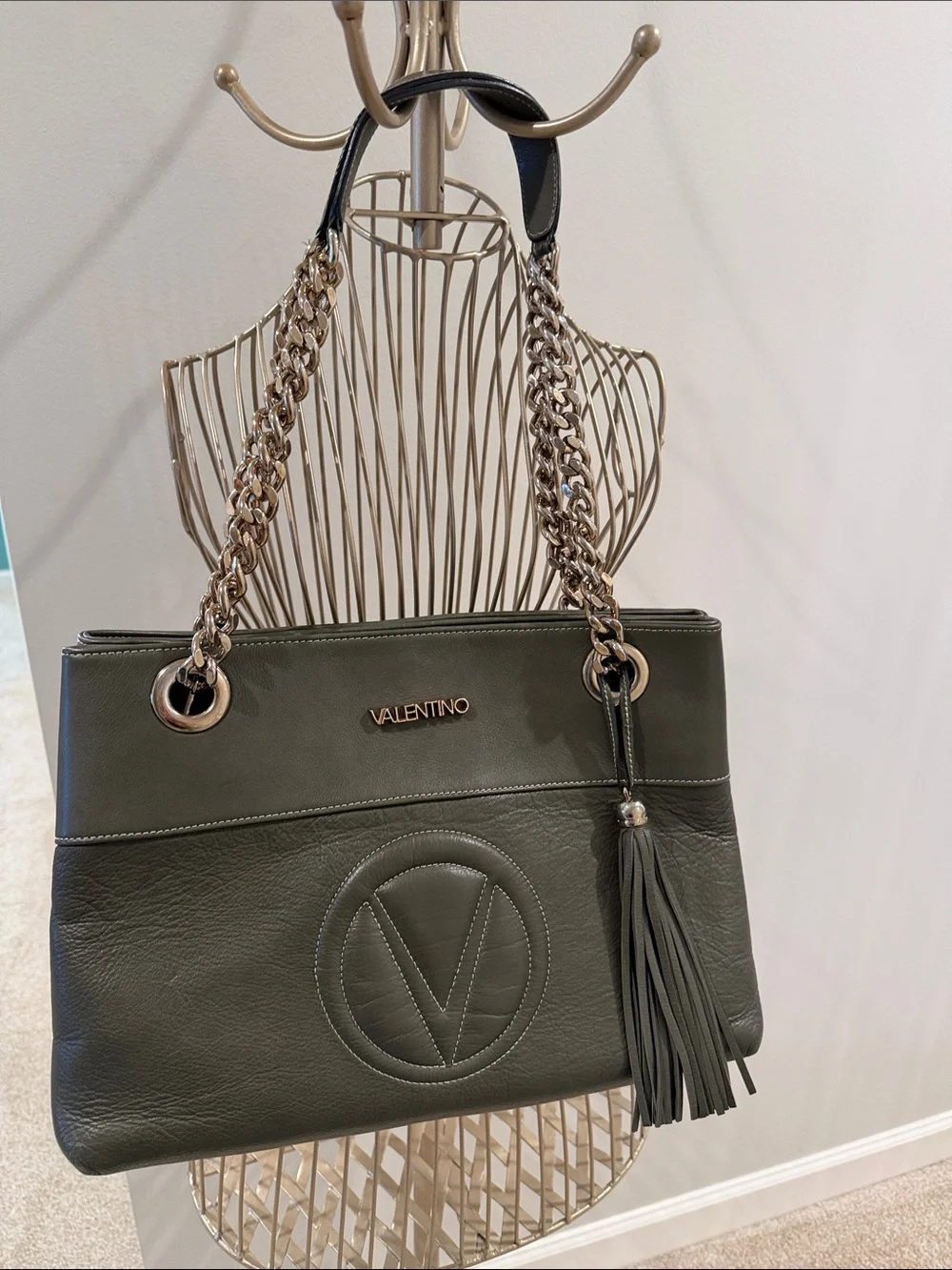 Valentino Olive Green Leather Shoulder Bag with Gold Chain Straps - Picture 1 of 14
